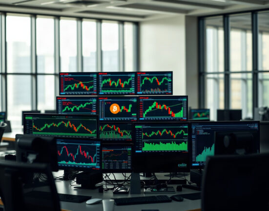 Trading desk monitors showing Bitcoin price charts and options data