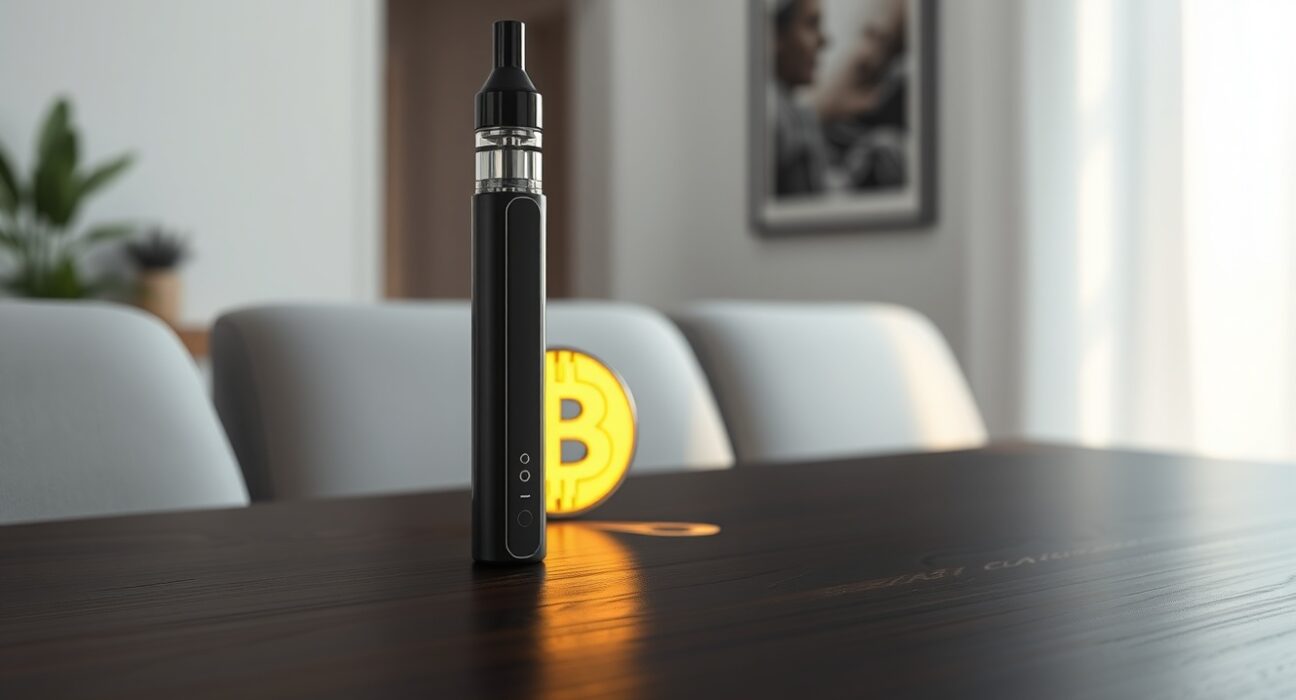 Bitcoin rewards cannabis vape pen on table with glowing Bitcoin symbol, illustrating addiction fears.