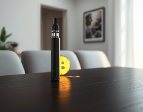 Bitcoin rewards cannabis vape pen on table with glowing Bitcoin symbol, illustrating addiction fears.