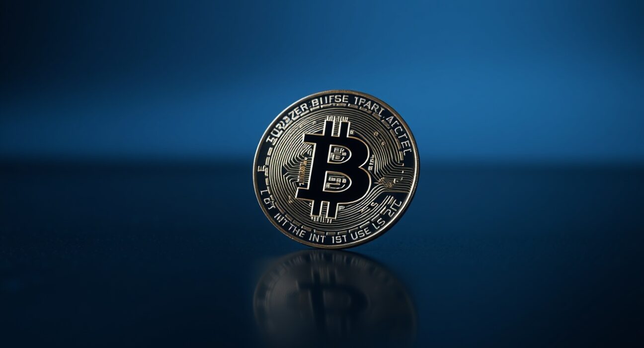 Bitcoin coin on reflective surface with chart overlay representing declining capital efficiency