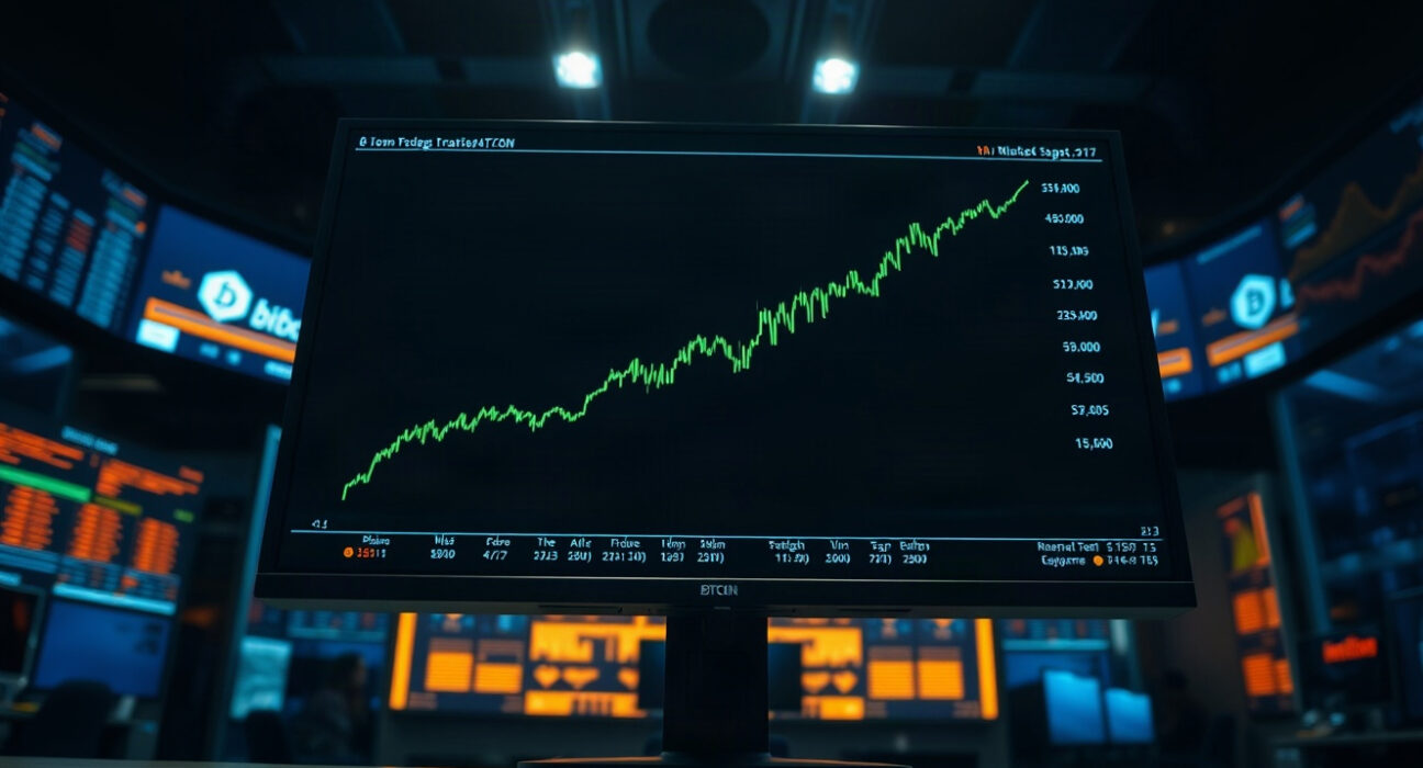 Bitcoin price chart showing a positive trend on a monitor in a trading environment