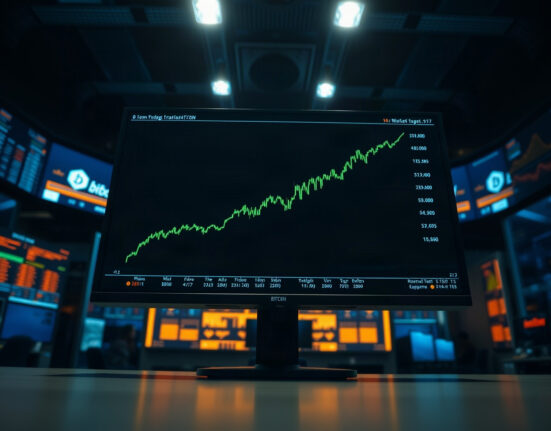 Bitcoin price chart showing a positive trend on a monitor in a trading environment