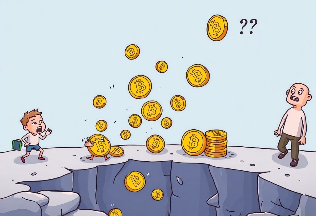 Cartoon showing short-term Bitcoin holders selling at a loss, illustrating the concept of Bitcoin capitulation and market absorption.