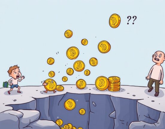 Cartoon showing short-term Bitcoin holders selling at a loss, illustrating the concept of Bitcoin capitulation and market absorption.