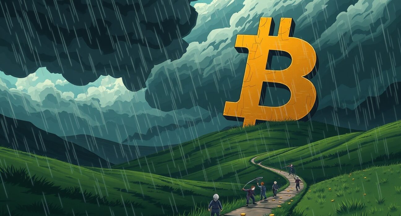 Conceptual art of Bitcoin entering a capitulation phase during a market downturn.