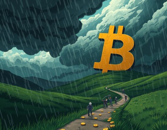 Conceptual art of Bitcoin entering a capitulation phase during a market downturn.
