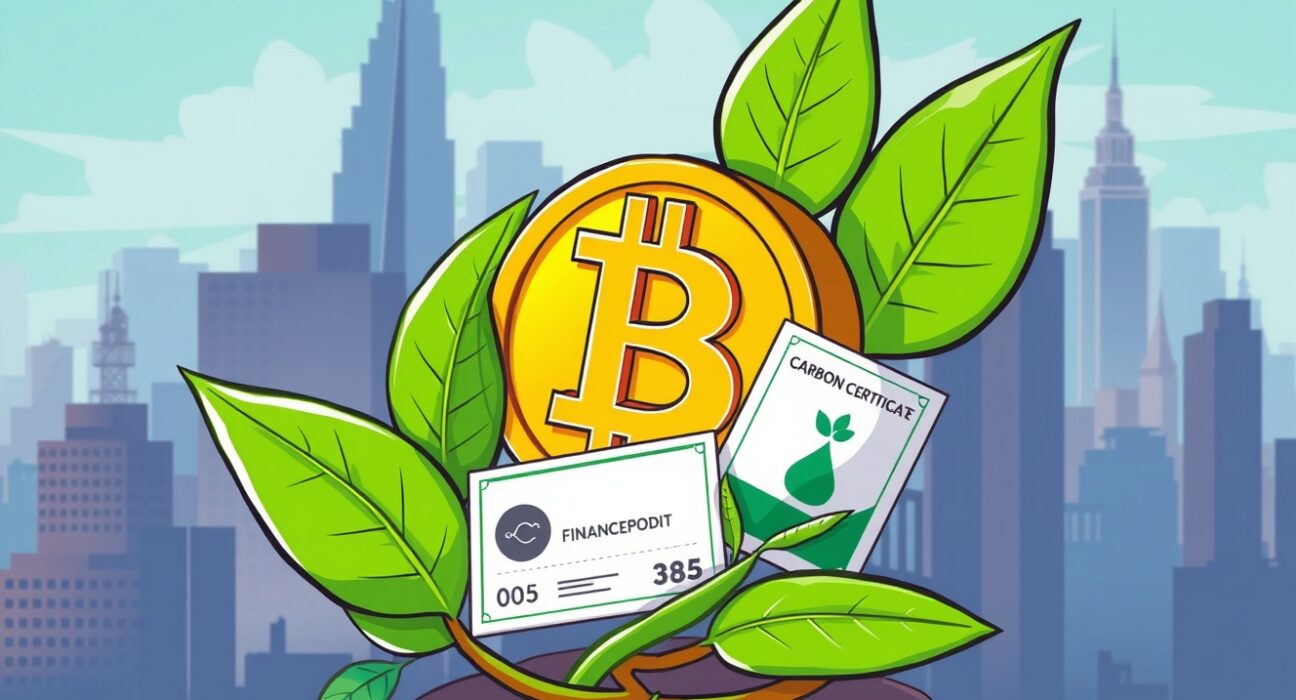 An illustration symbolizing the fusion of a Bitcoin Carbon Credit ETF, representing both digital finance and environmental sustainability.