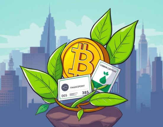 An illustration symbolizing the fusion of a Bitcoin Carbon Credit ETF, representing both digital finance and environmental sustainability.