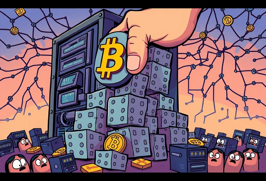 A cartoon illustrating the impact of concentrated mining on Bitcoin centralization, showing a large entity dominating the network.