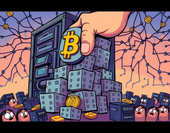 A cartoon illustrating the impact of concentrated mining on Bitcoin centralization, showing a large entity dominating the network.
