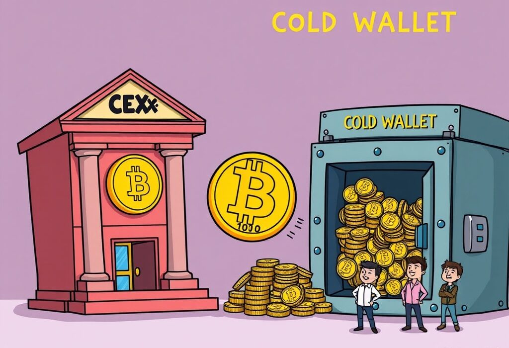 A cartoon depicting a significant crypto exchange outflow of Bitcoin CEX balances moving from an exchange to a secure cold wallet.