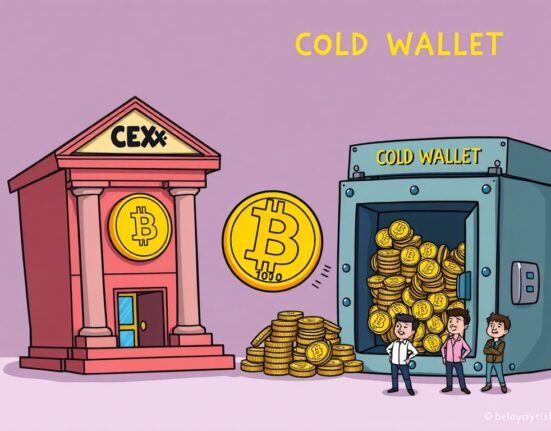 A cartoon depicting a significant crypto exchange outflow of Bitcoin CEX balances moving from an exchange to a secure cold wallet.