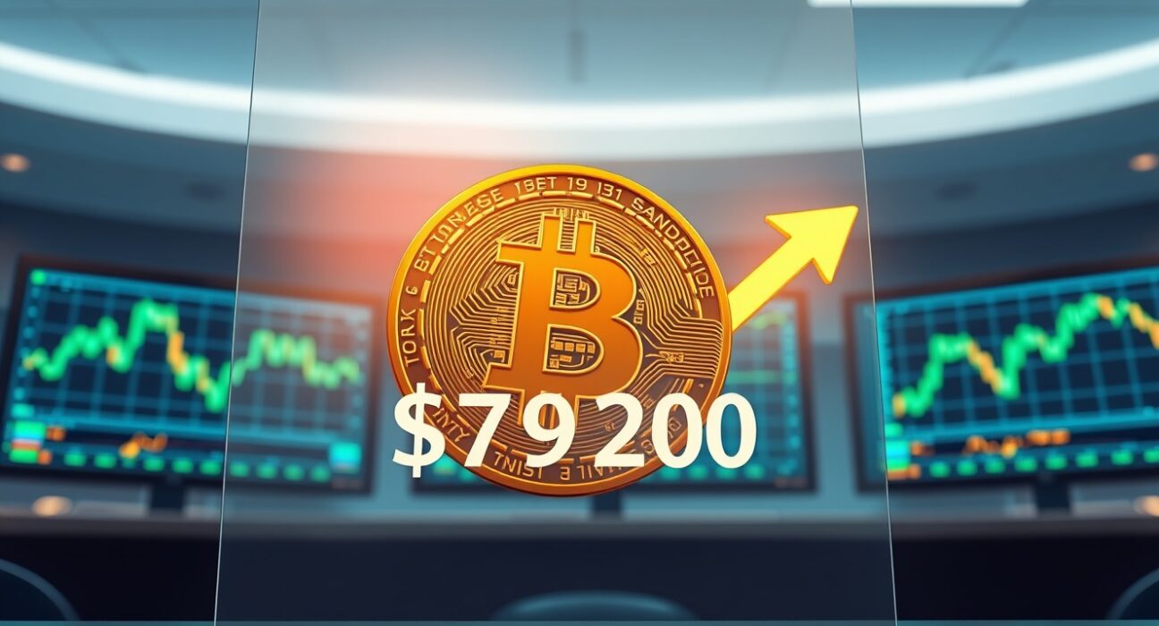 Bitcoin coin breaking through $79,200 resistance level on trading chart background
