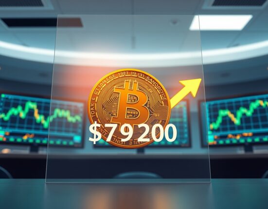 Bitcoin coin breaking through $79,200 resistance level on trading chart background