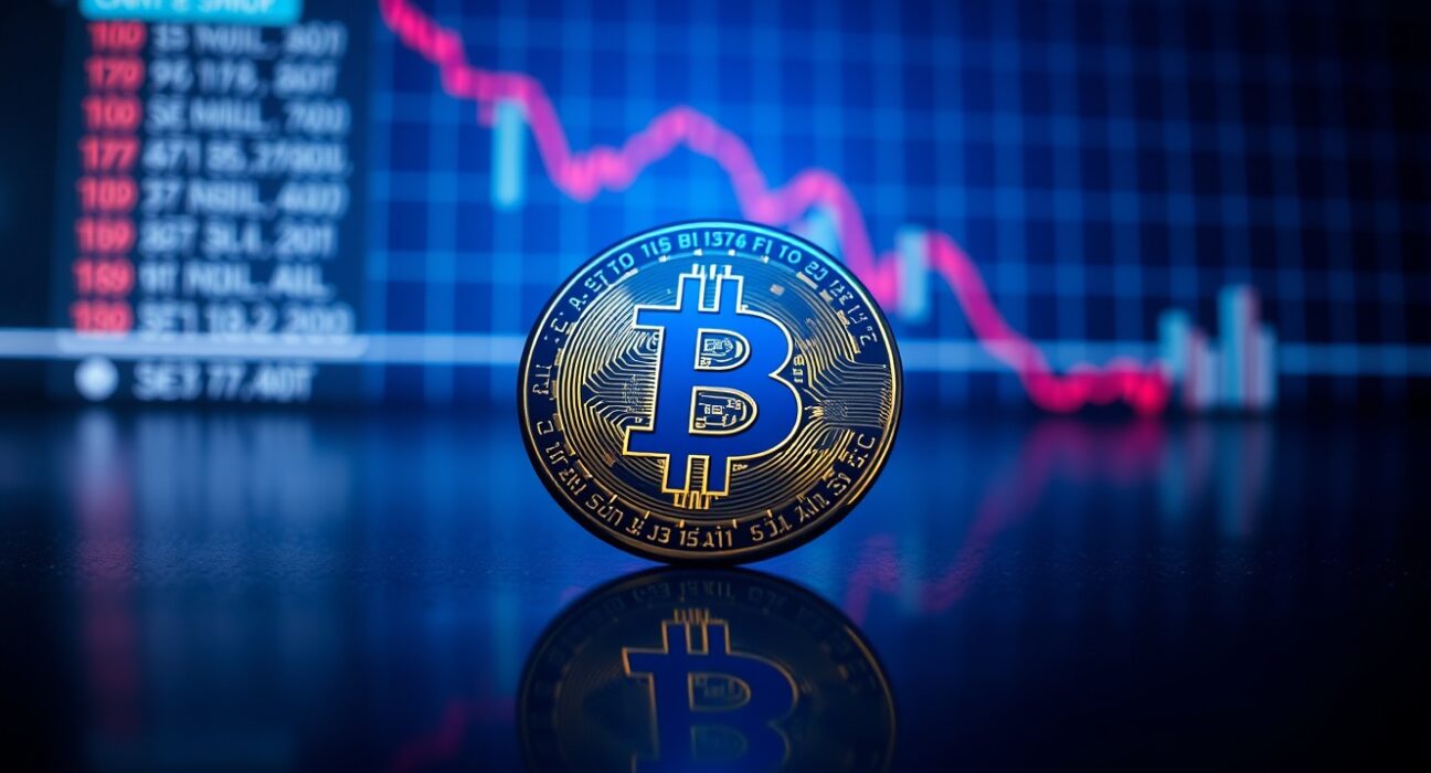 Bitcoin coin on dark surface with red downward trend line, representing bearish technical signal.