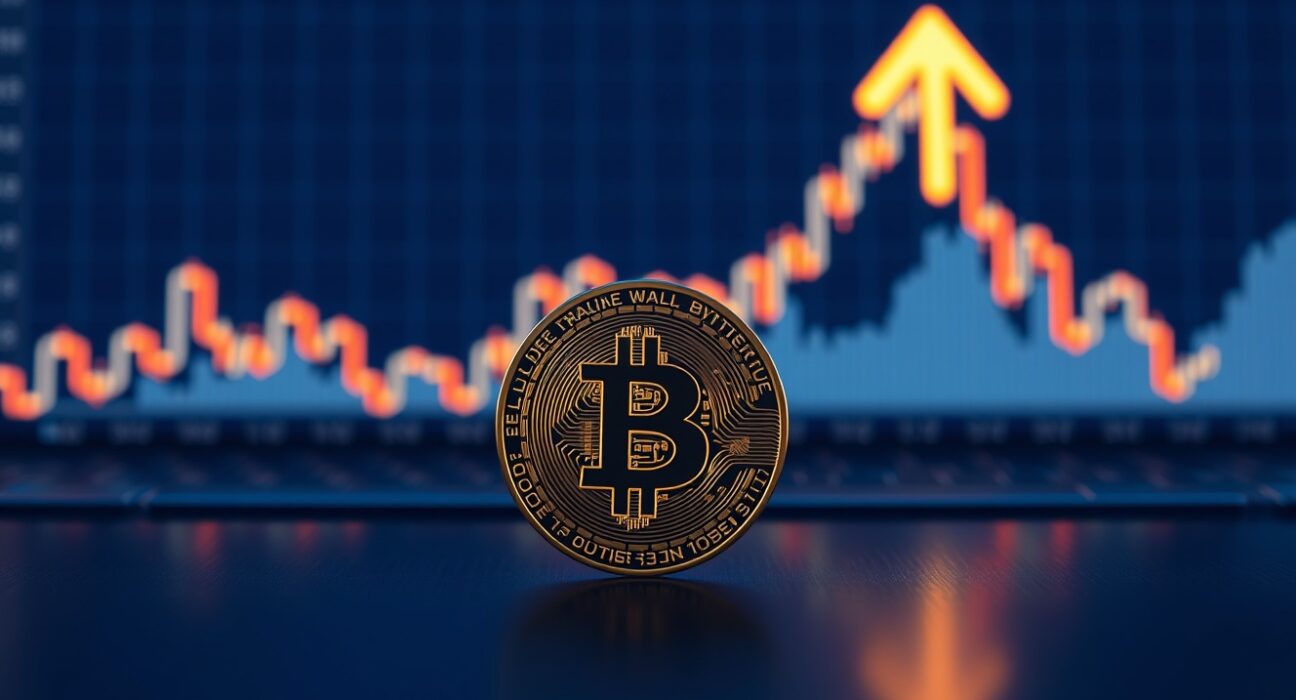 Bitcoin coin on trading desk with candlestick chart background and upward arrow