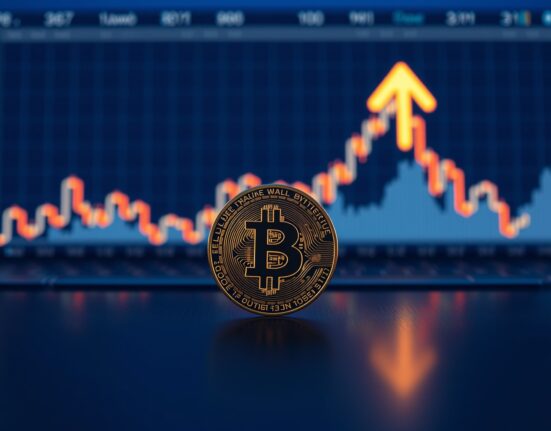 Bitcoin coin on trading desk with candlestick chart background and upward arrow