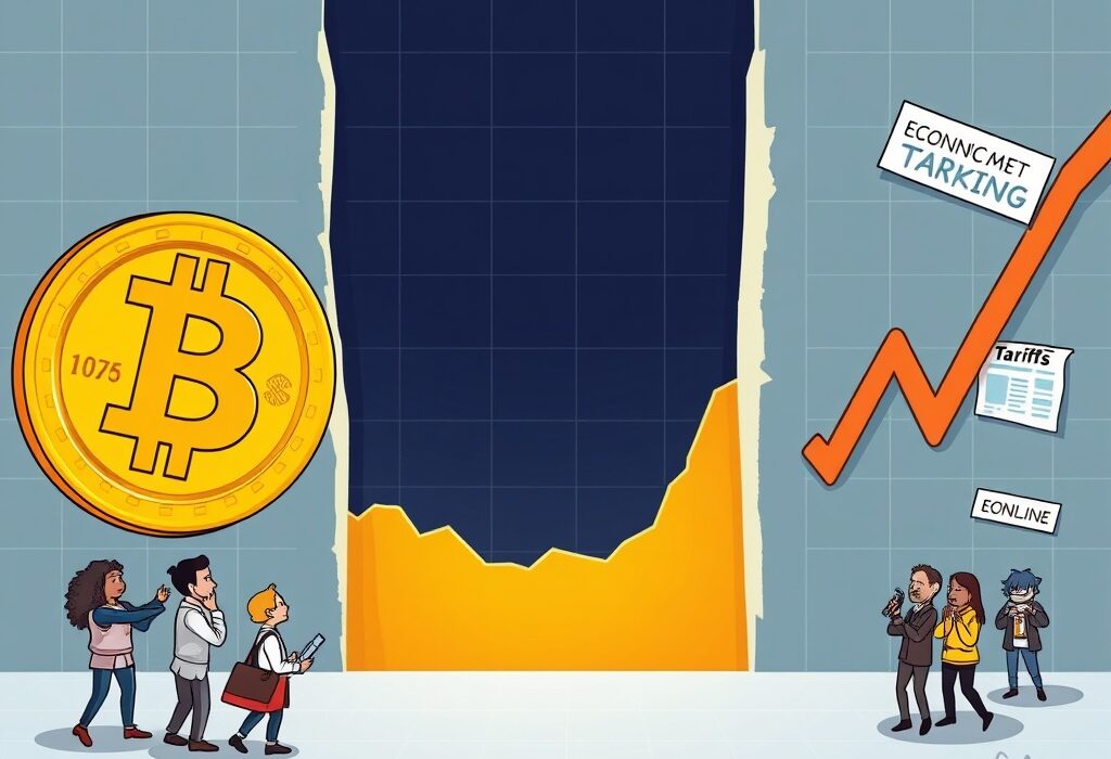 A cartoon Bitcoin coin filling a gap on a financial chart, illustrating the recent Bitcoin CME Gap event and market uncertainty.