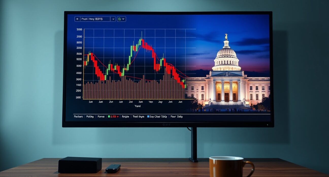 Bitcoin chart and Federal Reserve building on monitors in a dimly lit analyst office