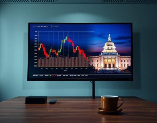 Bitcoin chart and Federal Reserve building on monitors in a dimly lit analyst office
