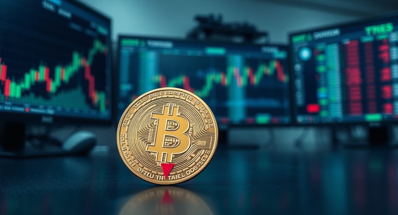 Bitcoin coin with red downward arrow on a dark surface, representing a negative Coinbase Premium streak.