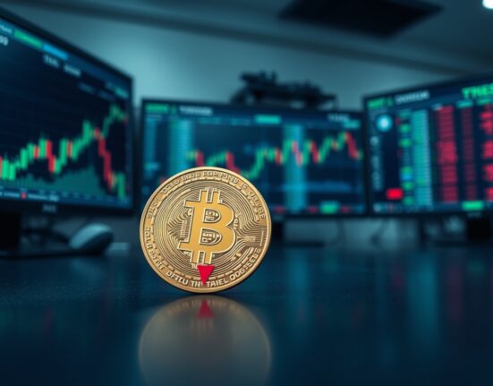 Bitcoin coin with red downward arrow on a dark surface, representing a negative Coinbase Premium streak.