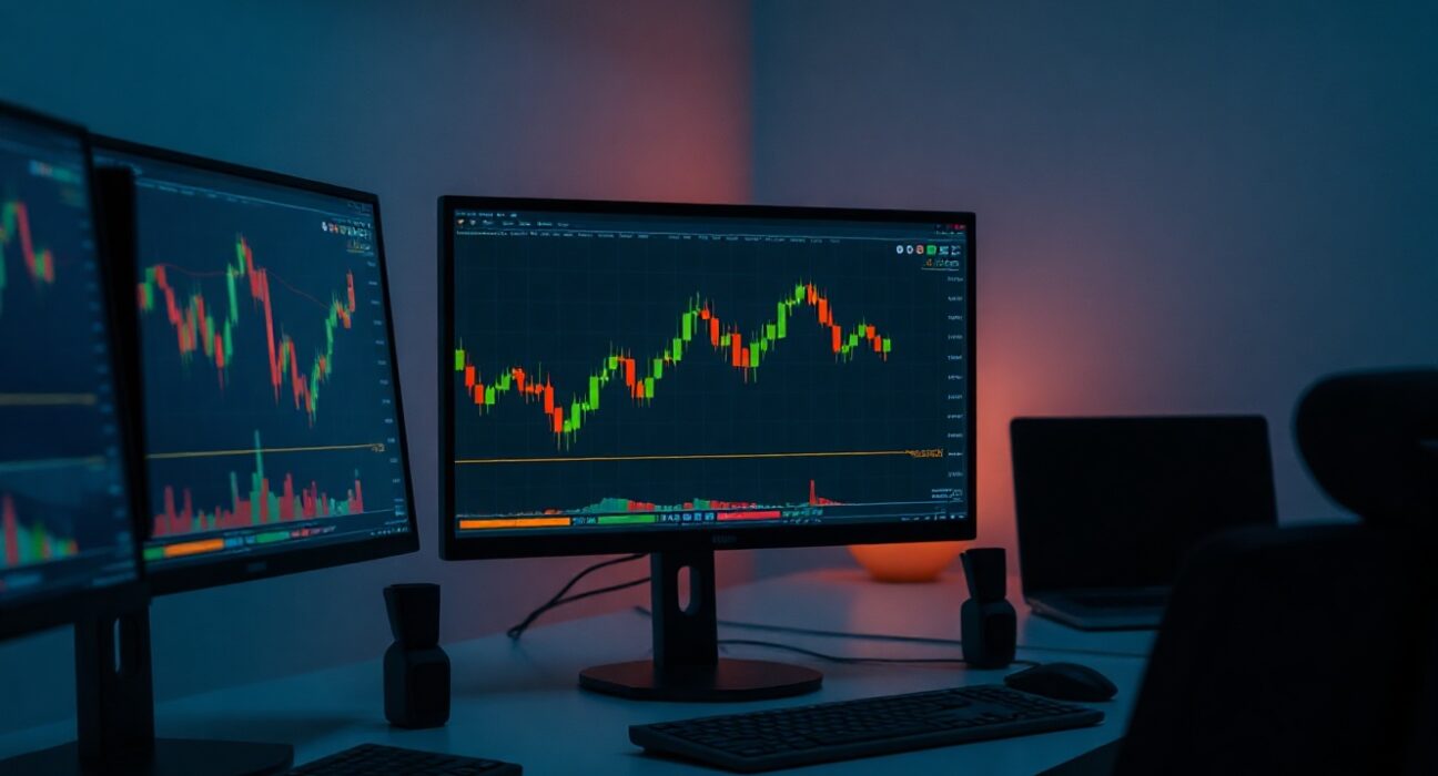 Bitcoin price chart on monitor showing positive Coinbase Premium Index in a professional trading environment