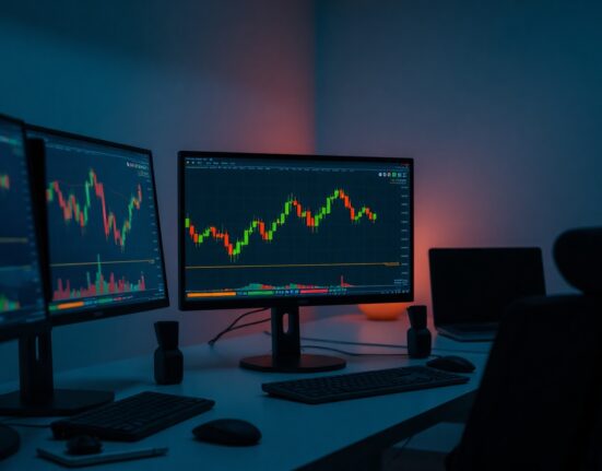Bitcoin price chart on monitor showing positive Coinbase Premium Index in a professional trading environment