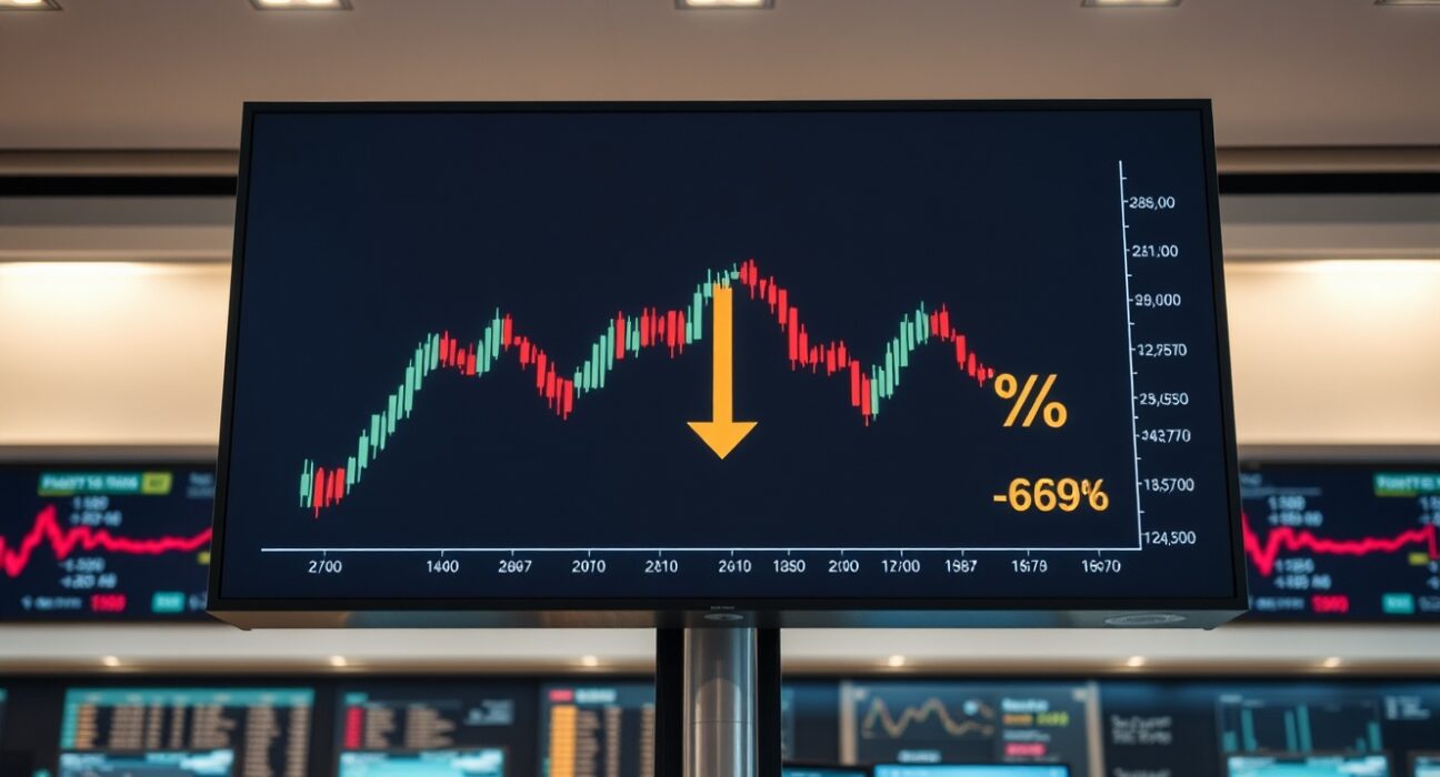 Bitcoin chart with negative indicator on trading floor screen