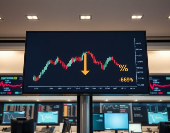 Bitcoin chart with negative indicator on trading floor screen