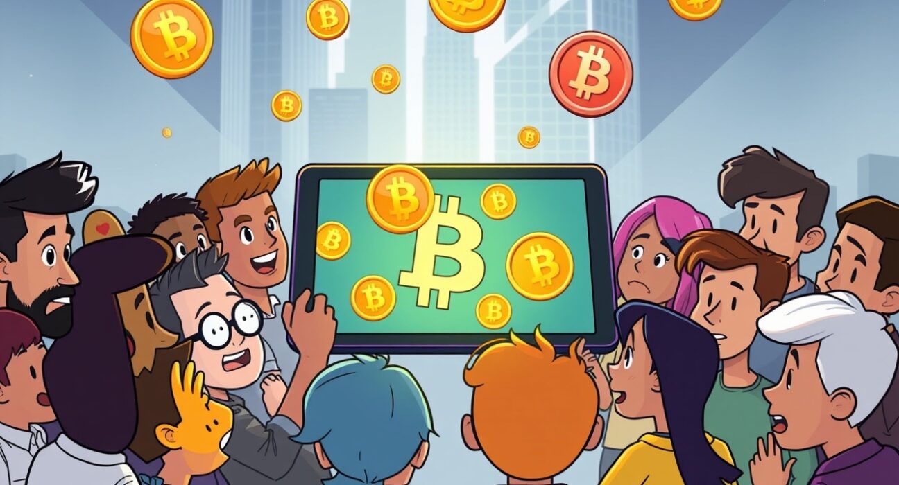 Animated Bitcoin community members discussing cryptocurrency trends around a digital tablet