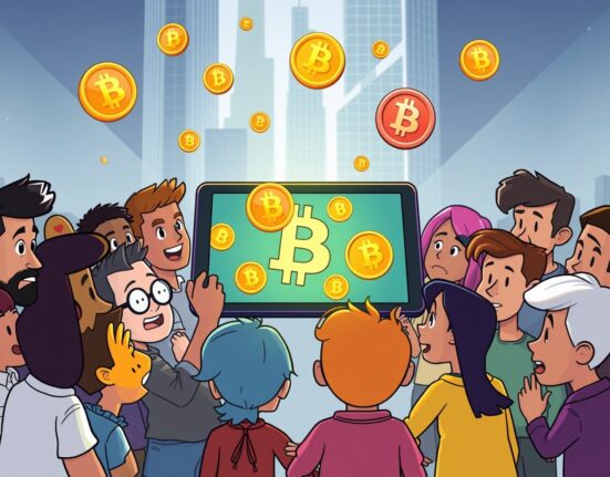 Animated Bitcoin community members discussing cryptocurrency trends around a digital tablet