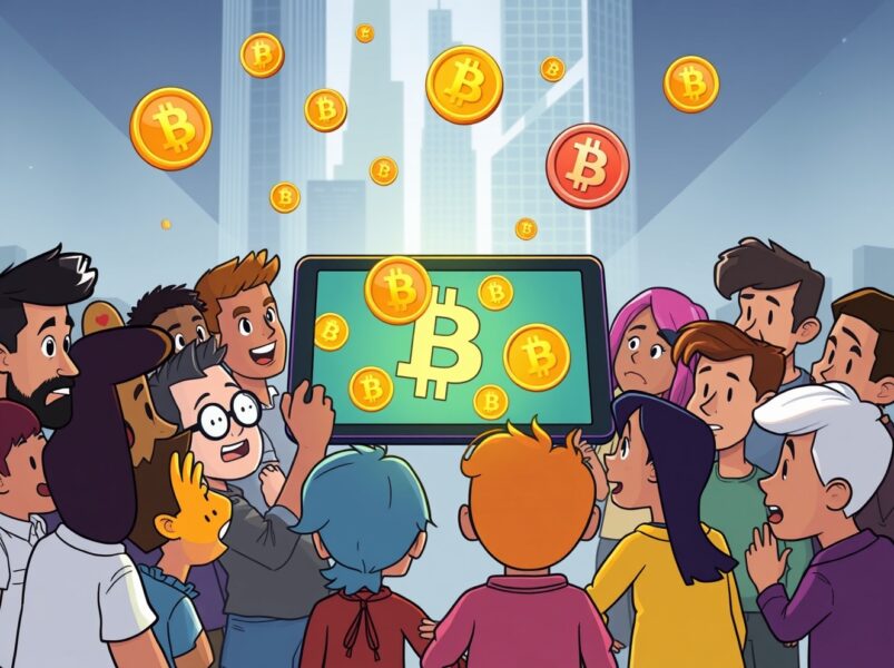 Animated Bitcoin community members discussing cryptocurrency trends around a digital tablet