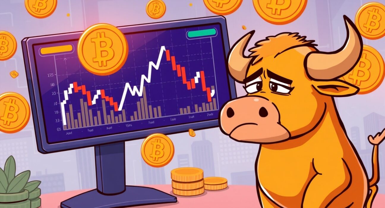 Cartoon illustration of Bitcoin Composite Market Index signaling potential bear market with downward trending chart