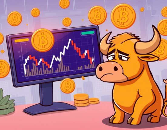 Cartoon illustration of Bitcoin Composite Market Index signaling potential bear market with downward trending chart