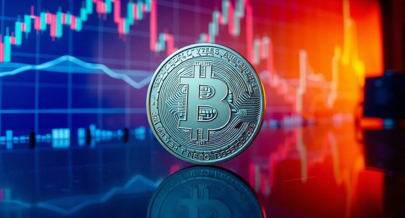 Bitcoin coin on reflective surface with charts in background, symbolizing market concentration and volatility analysis.
