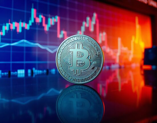 Bitcoin coin on reflective surface with charts in background, symbolizing market concentration and volatility analysis.