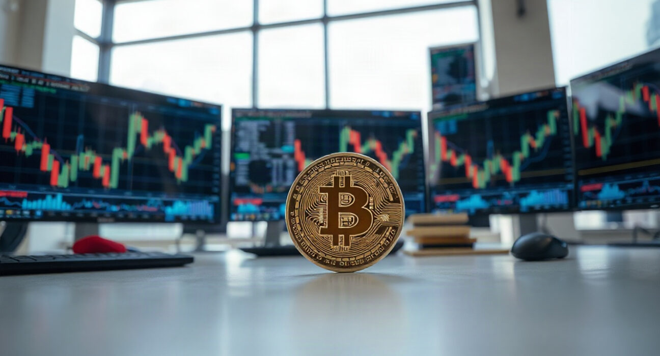 Bitcoin coin in front of trading charts on monitors, representing market consolidation