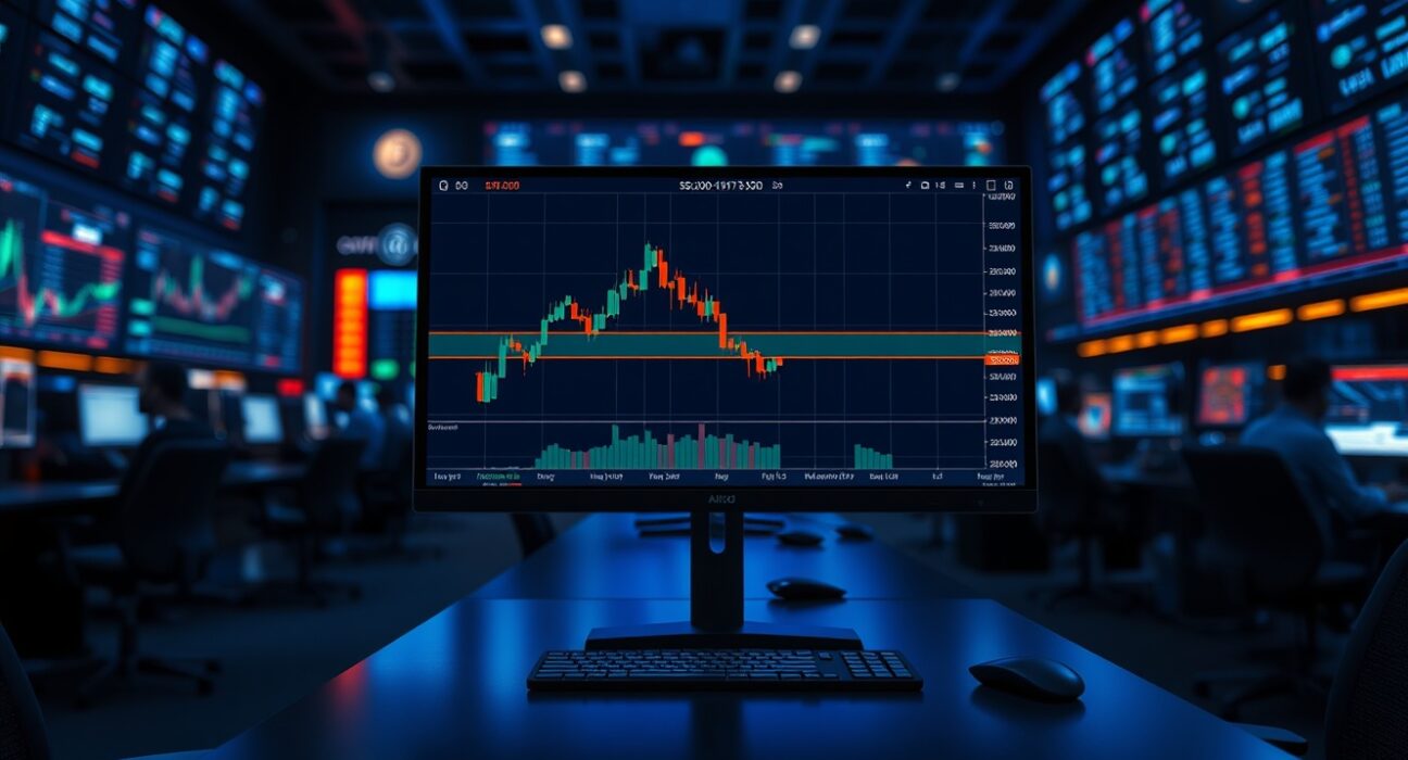 Bitcoin price chart on a trading monitor showing consolidation between $60,000 and $70,000