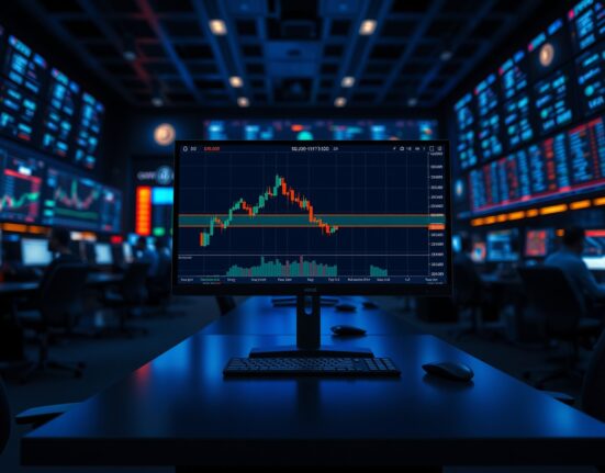 Bitcoin price chart on a trading monitor showing consolidation between $60,000 and $70,000
