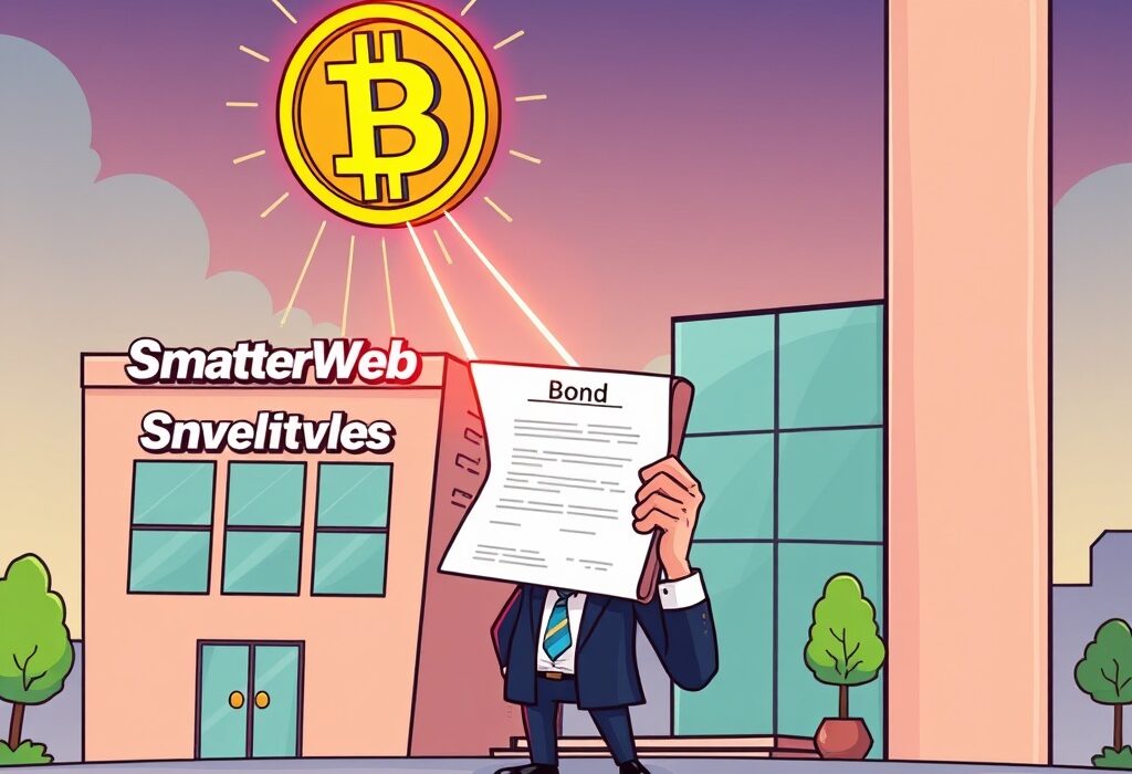 A cartoon illustration showing a company raising capital with a Bitcoin-based convertible bond, symbolizing institutional Bitcoin adoption.