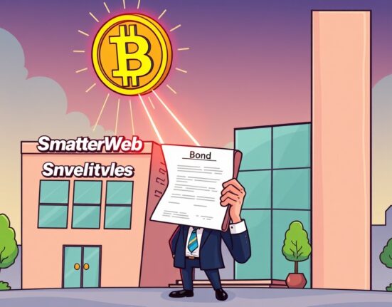 A cartoon illustration showing a company raising capital with a Bitcoin-based convertible bond, symbolizing institutional Bitcoin adoption.