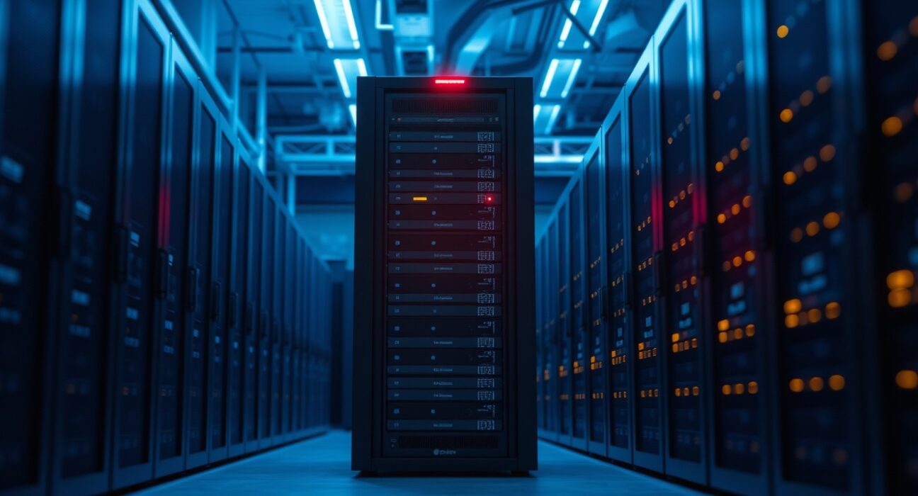 Server rack in a data center with a warning light, representing Bitcoin node infrastructure