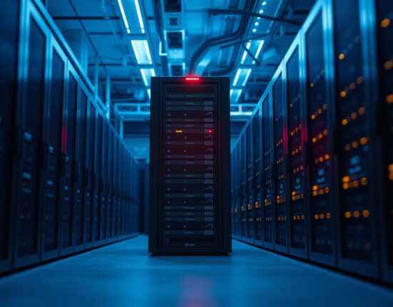 Server rack in a data center with a warning light, representing Bitcoin node infrastructure