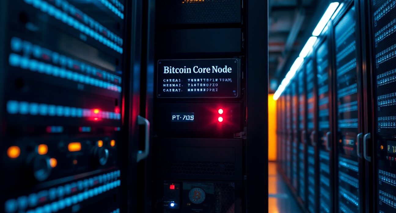 Bitcoin Core node server with warning light in a data center, representing a privacy vulnerability announcement