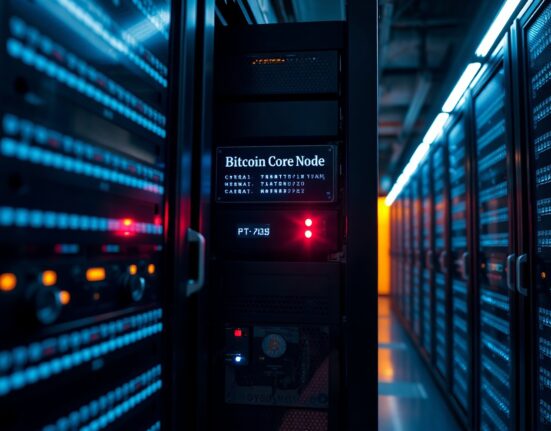Bitcoin Core node server with warning light in a data center, representing a privacy vulnerability announcement