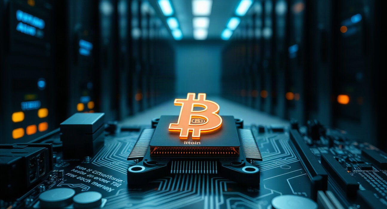 Close-up of a computer processor with a glowing Bitcoin symbol, representing Bitcoin Core v32 network upgrade.