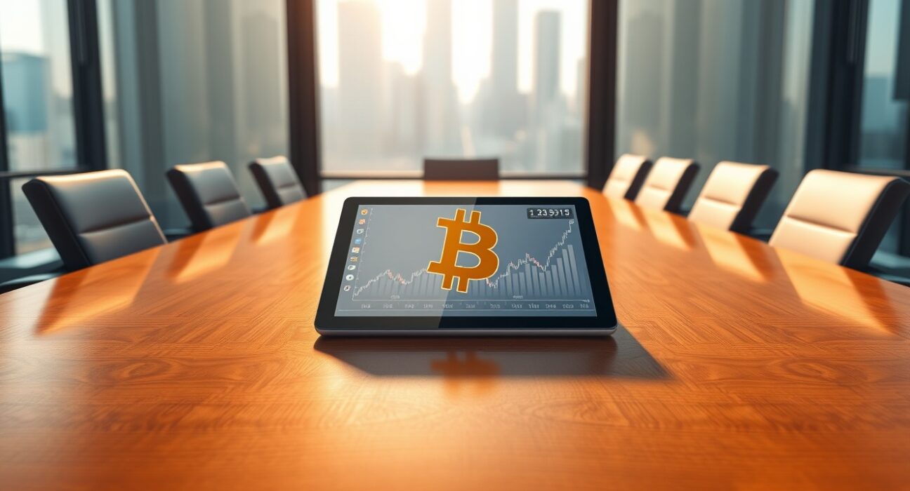 Corporate boardroom with tablet displaying Bitcoin financial data representing company treasury adoption.
