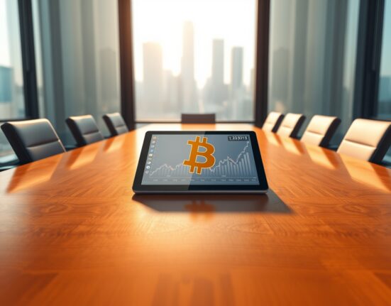 Corporate boardroom with tablet displaying Bitcoin financial data representing company treasury adoption.