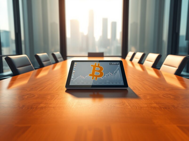 Corporate boardroom with tablet displaying Bitcoin financial data representing company treasury adoption.